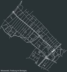 Detailed negative navigation white lines urban street roads map of the MOOSWALD DISTRICT of the German regional capital city of Freiburg im Breisgau, Germany on dark gray background