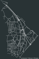 Detailed negative navigation white lines urban street roads map of the LANDWASSER DISTRICT of the German regional capital city of Freiburg im Breisgau, Germany on dark gray background