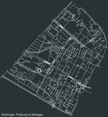 Detailed negative navigation white lines urban street roads map of the STÜHLINGER DISTRICT of the German regional capital city of Freiburg im Breisgau, Germany on dark gray background