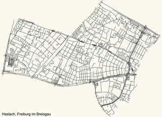 Detailed navigation black lines urban street roads map of the HASLACH DISTRICT of the German regional capital city of Freiburg im Breisgau, Germany on vintage beige background