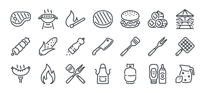 BBQ barbecue and grill related editable stroke outline icons set isolated on white background flat vector illustration. Pixel perfect. 64 x 64..