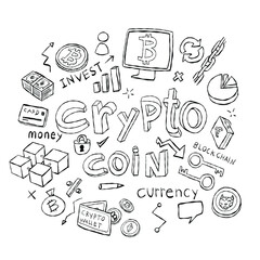 Bitcoin crypto investment doodle set vector