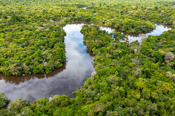 Peru. Aerial view of Rio Momon. Top View of Amazon Rainforest, near Iquitos, Peru. South America. 