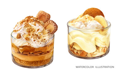 Sweet desserts watercolor isolated on white background. Mousse dessert whipped cream, banana cream dessert