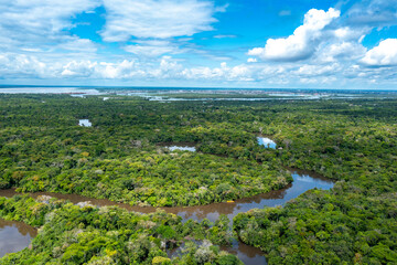 Peru. Aerial view of Rio Momon. Top View of Amazon Rainforest, near Iquitos, Peru. South America. 