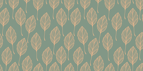 Vintage liniar botanical pattern. Seamless outline illustration with leaves on green background
