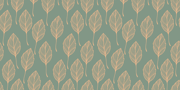 Vintage liniar botanical pattern. Seamless outline illustration with leaves on green background