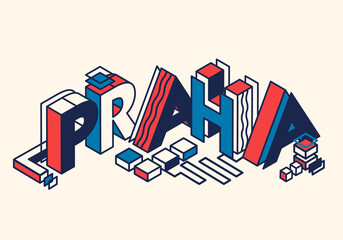 Prague city lettering isometric stock vector illustration. Creative retro lettering print for t-shirt, fabric, textile, poster. Prague colorful blue red white concept emblem, latin bolt typography