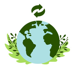 Planet Earth and green branches on white background. Recycling concept