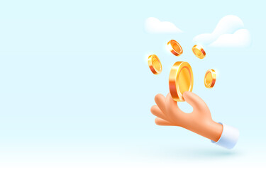 Hand hand holding a coin icon, banner message. Vector