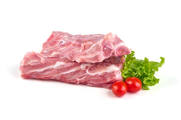 Pork Ribs, raw meat, close-up, isolated on white background.