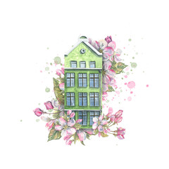 An old European house in apple blossoms with splashes of paint. Watercolor illustration. Composition for decoration and design of souvenirs, postcards, posters. prints, stickers.