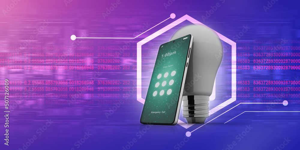 Poster 3d rendering bulb on mobile phone