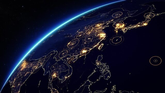 Animation of Earth with a Digital Grid of Networks. Yellow Nodes Creating a Mesh. Representing Satellite, Mobile and Technological Signals. Global Telecommunication. Asian, Japan China. 