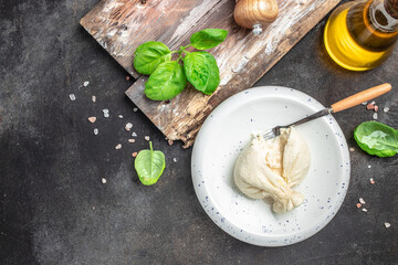 Burrata cheese with Basil leaves on white plate on dark background. banner, menu, recipe place for text, top view