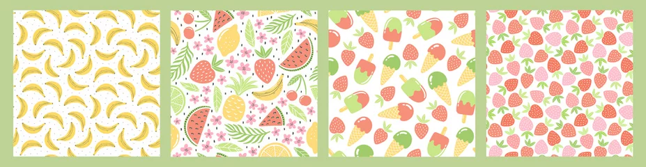 Fotobehang Set of seamless patterns with colorful fruits and sweets for textile design. Summer background in bright colors. Hand-drawn trendy vector illustrations. © Elena
