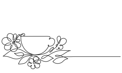 Cup of tea and flowers. Continuous line drawing. Sketch. Herb tea. Healing drink. Aromatherapy. Flower aroma