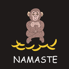 The monkey sits in the lotus position and salutes. Namaste.Black background. Vector stock illustration. Bananas.