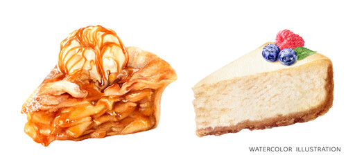 Sweet desserts watercolor isolated on white background. Cheesecake, apple pie