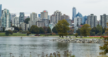 Sea walk in nature with vancouver skyline behind. 