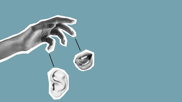 Female hand holding mouth and ear. Modern design, contemporary art collage. Inspiration, idea, trendy urban magazine style. 4k. Stop motion and 2D animation.