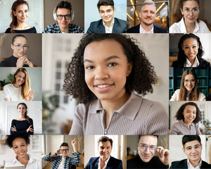 Communication online video call team video chat. Portraits of multinational people screen monitor