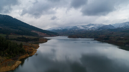 Aerial view  of mountain and lake landscape