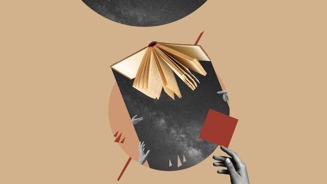 Different hands reaching opened book, mystical. Contemporary art collage, modern design. Aesthetic of hands. Trendy pastel colors. 2d animation, stop motion