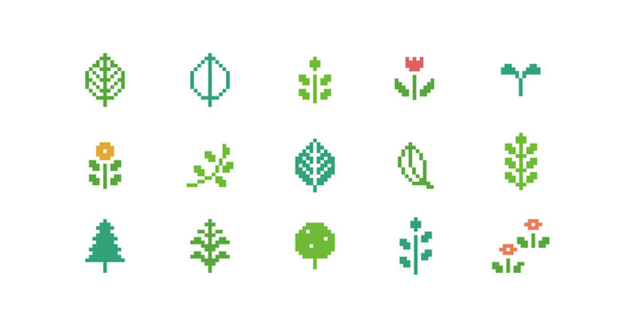 ドット絵　かわいい植物装飾イラストセット　花　葉　ピクセル