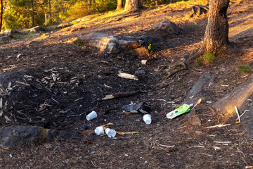 Garbage and dirt in the forest after a picnic. Disposable used dishes are in the forest. Photo
