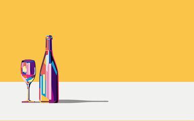 Vector illustration colorful bright bottle of wine and a glass of wine or alcoholic drink on a yellow background. - obrazy, fototapety, plakaty
