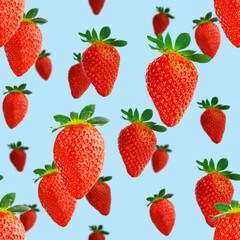 Fresh strawberry seamless pattern. Ripe strawberries isolated on blue. Package design background. Falling strawberry selective focus.
