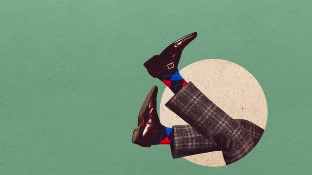 Male legs in retro style shoes, outfit isolated on green background. Contemporary art collage in pop-art style. Vintage fashion. 2d animation, stop motion
