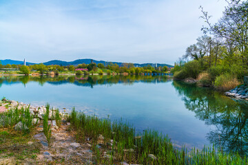 Germany, Freiburg im Breisgau city park seepark calm water in spring, a beautiful nature landscape...