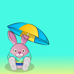 Round cartoon pink rabbit on vacation at the sea.