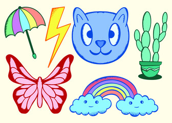 collection hand drawn colorful kids doodle illustration for stickers poster etc