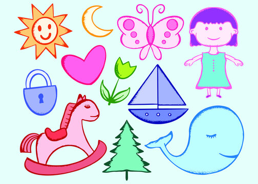 collection hand drawn colorful kids doodle illustration for stickers poster etc