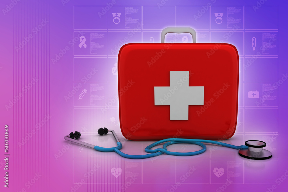 Poster 3d rendering stethoscope with first aid box