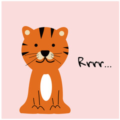 An orange tiger sits and growls. hand draw style. Vector Stock illustration. Pink background. isolated