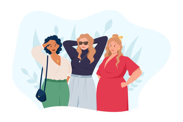 A group of standing young elegant plump female friends. Plus size woman in casual clothes.