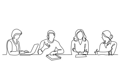 continuous line drawing of office workers at business meeting