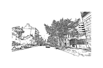 Building view with landmark of Montevideo is the capital of Uruguay. Hand drawn sketch illustration in vector.
