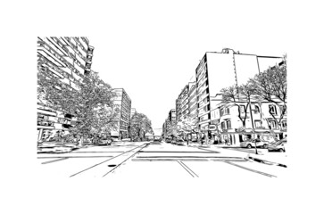 Building view with landmark of Montevideo is the capital of Uruguay. Hand drawn sketch illustration in vector.