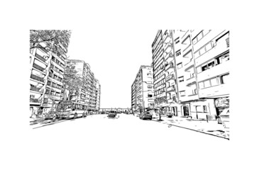 Building view with landmark of Montevideo is the capital of Uruguay. Hand drawn sketch illustration in vector.