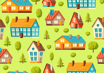 Seamless pattern with cute houses and trees.. Country colorful cottages background.