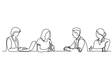 continuous line drawing of office workers at business meeting - obrazy, fototapety, plakaty