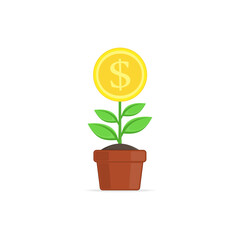 Money tree with gold coins growing. Plant growth from dollars. Business, financial, economic or investment concept. Vector illustration in modern flat style. EPS 10.