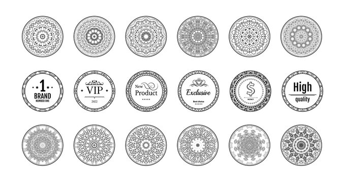 Vintage round badges collection in vector. Design retro border or emblem for lettering. Simple classic frame shape isolated for certificate. Sticker or old badge element for decoration. Set old stamp