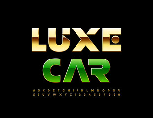 Vector stylish sign Luxe Car. Modern Golden Font. Chic Alphabet Letters and Numbers
