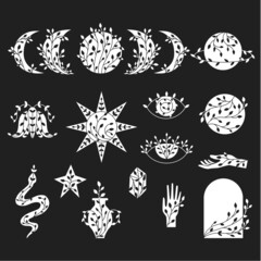Set of white floral moon phases, sun, stars, saturn, snake, moth, hands, eyes, crystal, vase.